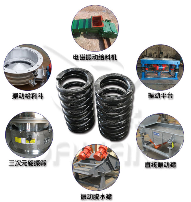 旋振篩減震彈簧適用產(chǎn)品：振動給料機(jī)，電磁振動給料機(jī)，振動平臺，直線振動篩，振動脫水篩，三次元旋振篩。